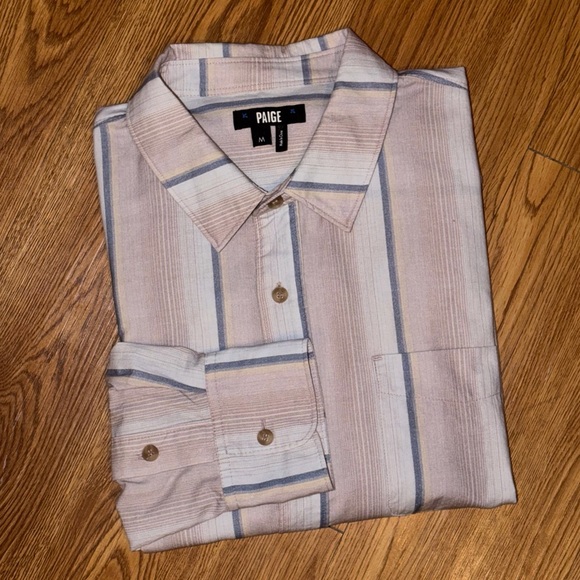 Paige Men’s Cooper Stripe Cotton Button Up Ling Sleeve Shirt in Hazy Blush - Picture 5 of 12